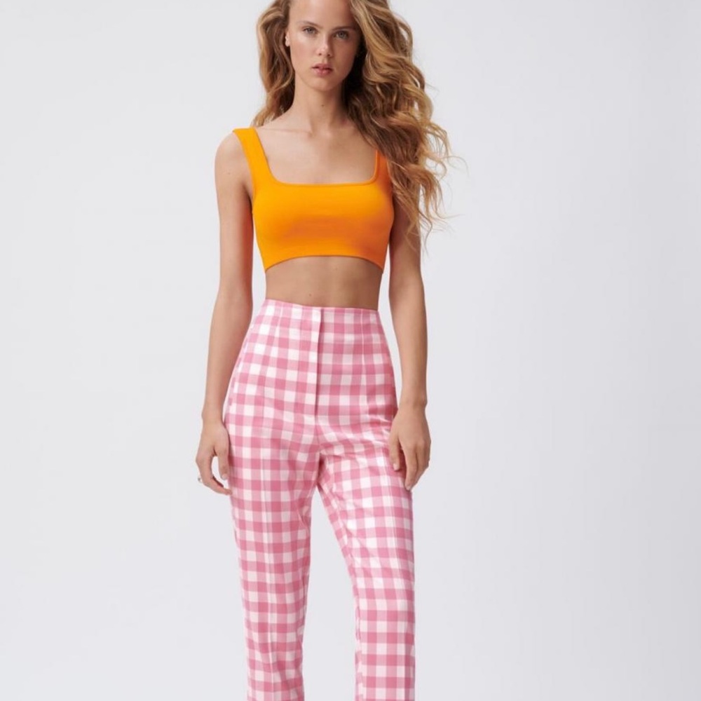 Zara Womens High-Waisted Gingham Pants Pink | White Size small